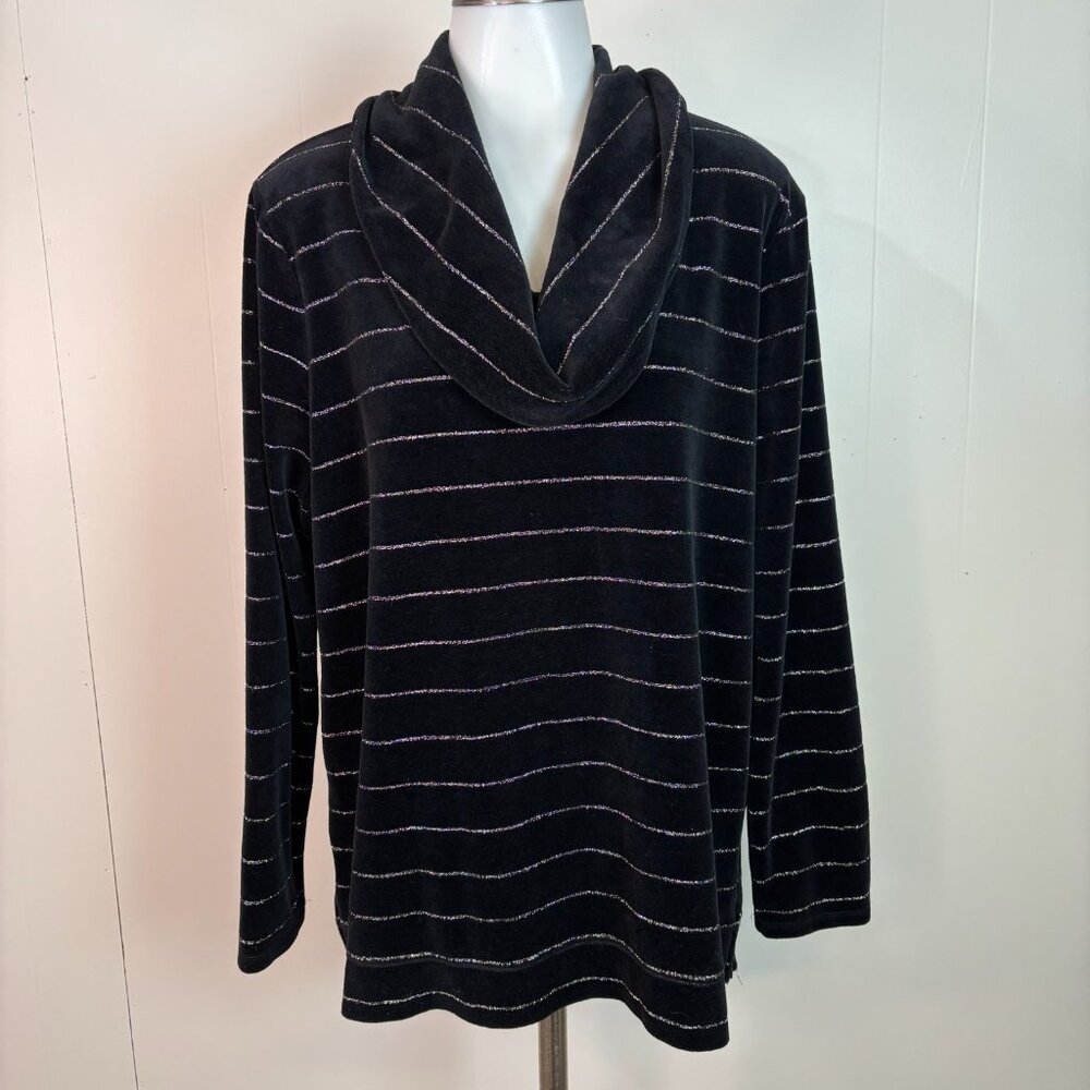 Talbots Top Large Black Velour Cowl Neck Silver Sparkle Stripe Long Sleeve Shirt